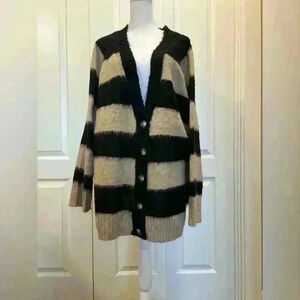Roaman’s 2X (26/28) cardigan sweater strips black/ tan fuzzy soft button knit